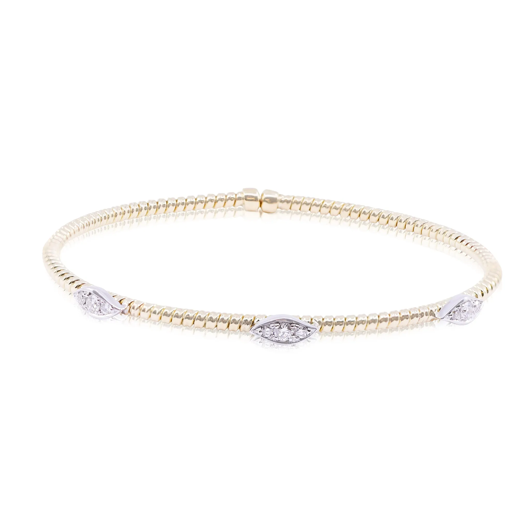 18K YELLOW GOLD FLEXIBLE TWISTED WIRE CUFF BRACELET WITH PAVE DIAMOND STATIONS 0.25CTW