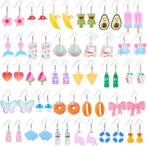 28/30 Pairs Funny Weird Cute Earrings Earrings (Or Clips) for Women Including Kawaii Fun Unique Cool Quirky Animal Food Fruit Duck Mushroon Flowers Bear Summer Shell Aesthetic Earrings For Women