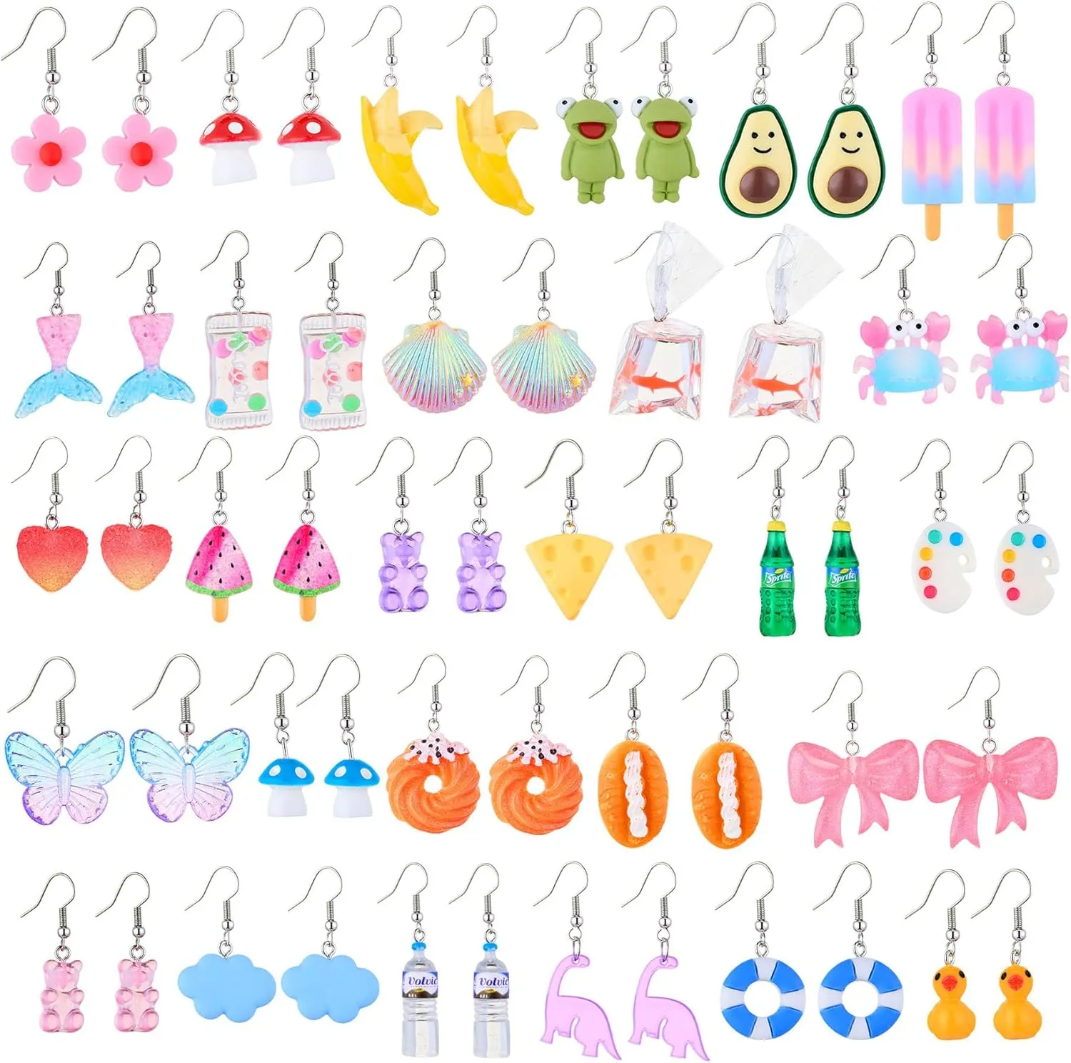 28/30 Pairs Funny Weird Cute Earrings Earrings (Or Clips) for Women Including Kawaii Fun Unique Cool Quirky Animal Food Fruit Duck Mushroon Flowers Bear Summer Shell Aesthetic Earrings For Women
