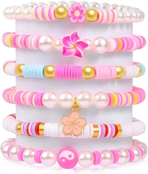 6PCS Clay Bead Bracelets for Women Preppy Cute Bracelets Jewelry Set Colorful Evil Eye Polymer Pearl Beaded Stretch Bracelets Jewelry for Women