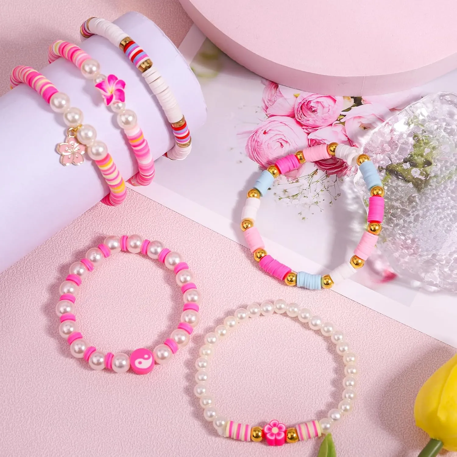 6PCS Clay Bead Bracelets for Women Preppy Cute Bracelets Jewelry Set Colorful Evil Eye Polymer Pearl Beaded Stretch Bracelets Jewelry for Women