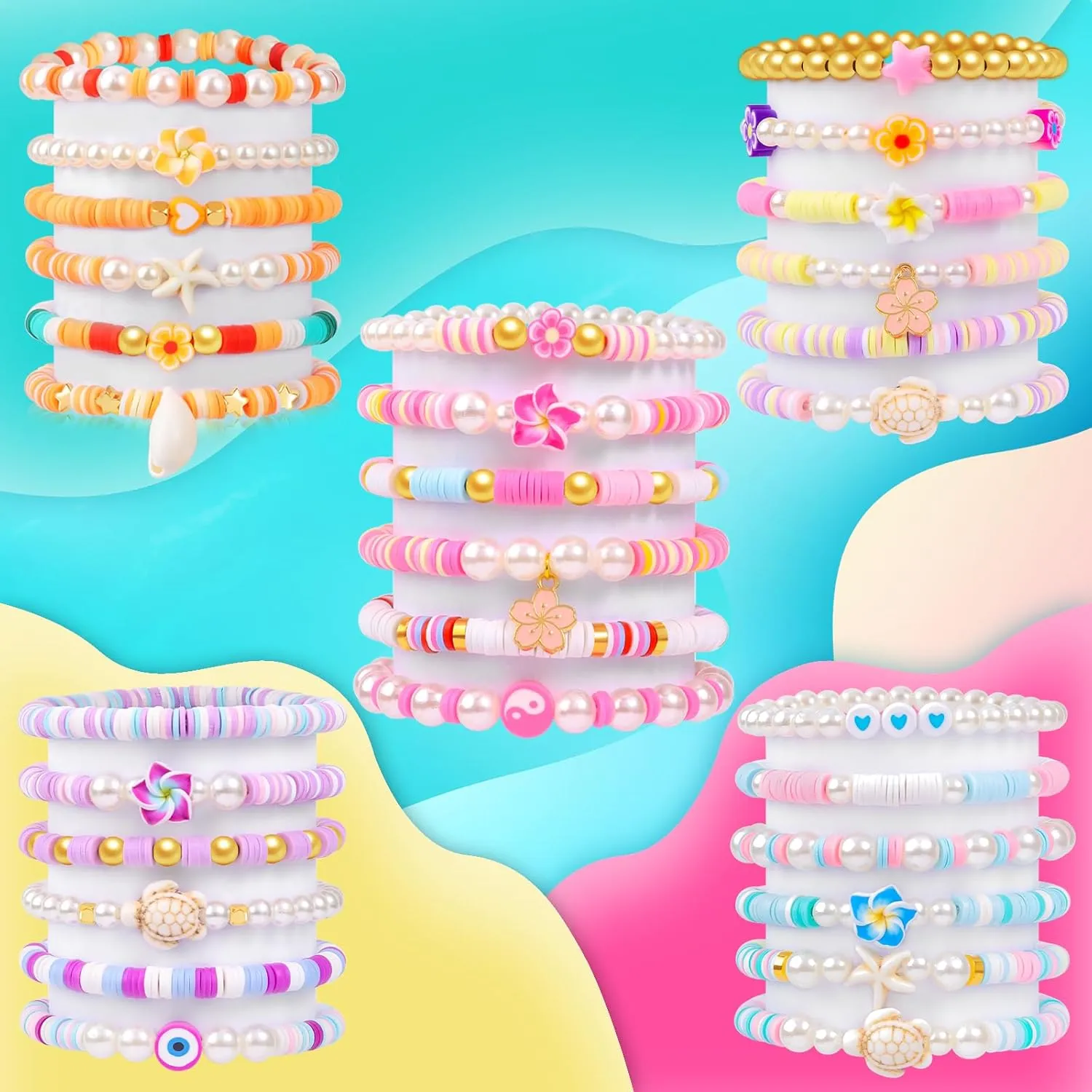 6PCS Clay Bead Bracelets for Women Preppy Cute Bracelets Jewelry Set Colorful Evil Eye Polymer Pearl Beaded Stretch Bracelets Jewelry for Women