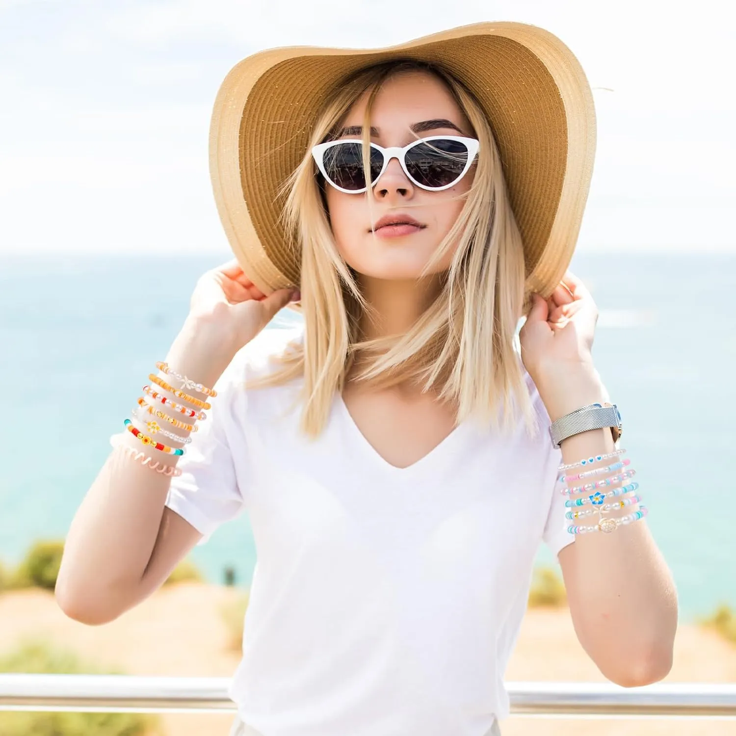 6PCS Clay Bead Bracelets for Women Preppy Cute Bracelets Jewelry Set Colorful Evil Eye Polymer Pearl Beaded Stretch Bracelets Jewelry for Women