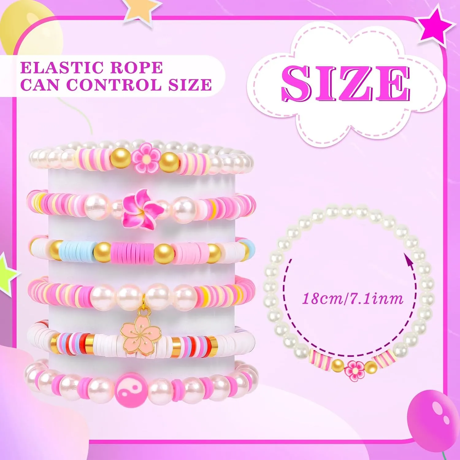 6PCS Clay Bead Bracelets for Women Preppy Cute Bracelets Jewelry Set Colorful Evil Eye Polymer Pearl Beaded Stretch Bracelets Jewelry for Women