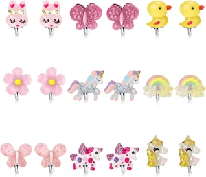 9 Pairs Girls Clip On Earrings Jewel in Box, Toddler Butterfly Jewelry, Cute Animal Clip on Earrings for Little Girls, Unicorn Earring Set, 3-10 Year Old Girl Birthday Gifts