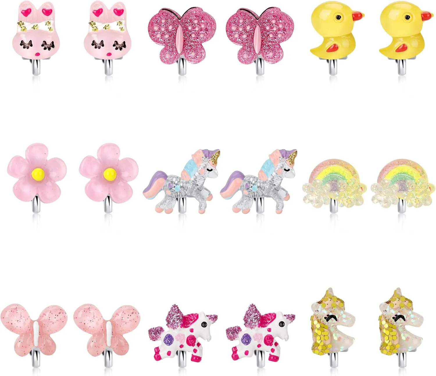 9 Pairs Girls Clip On Earrings Jewel in Box, Toddler Butterfly Jewelry, Cute Animal Clip on Earrings for Little Girls, Unicorn Earring Set, 3-10 Year Old Girl Birthday Gifts