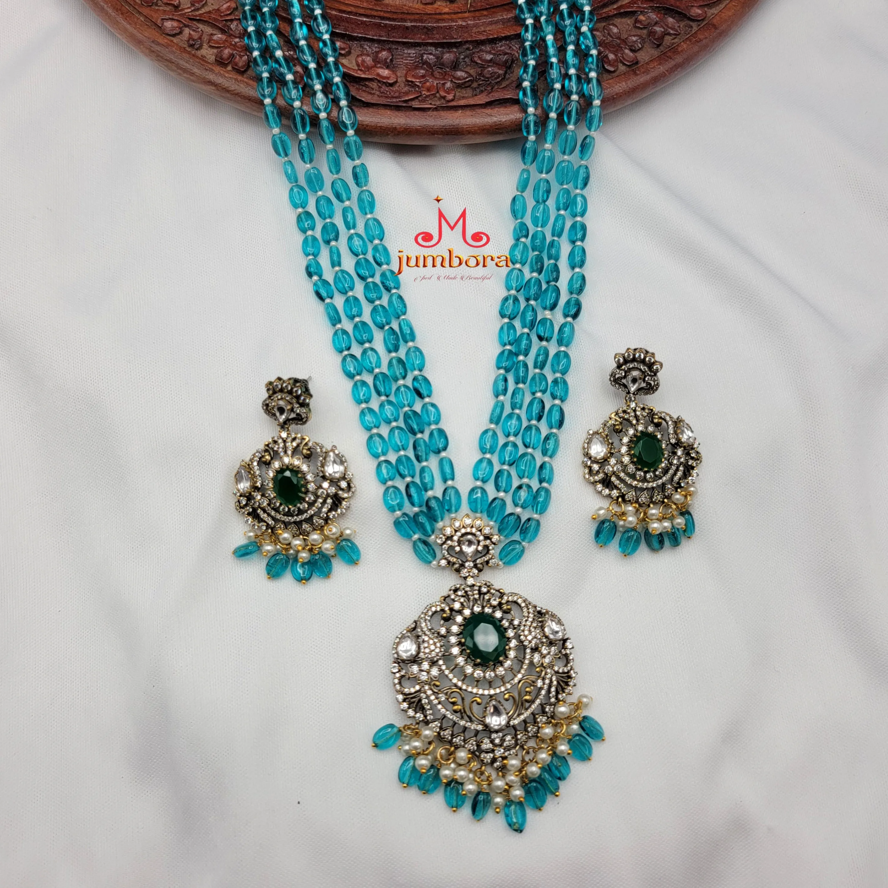 Long AD Zircon Victorian Pendant with Cyan Blue Monalisa Beads Necklace Set