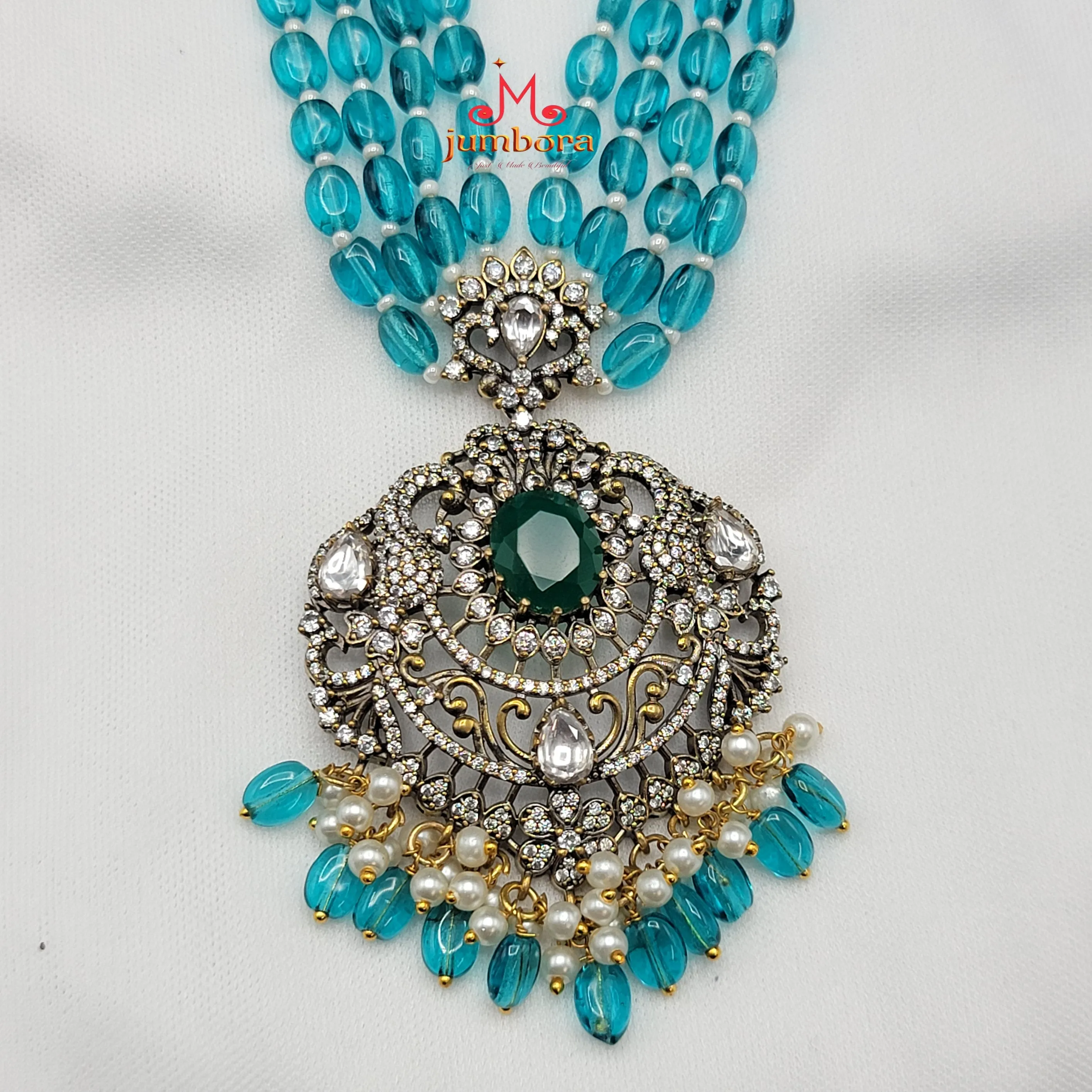 Long AD Zircon Victorian Pendant with Cyan Blue Monalisa Beads Necklace Set