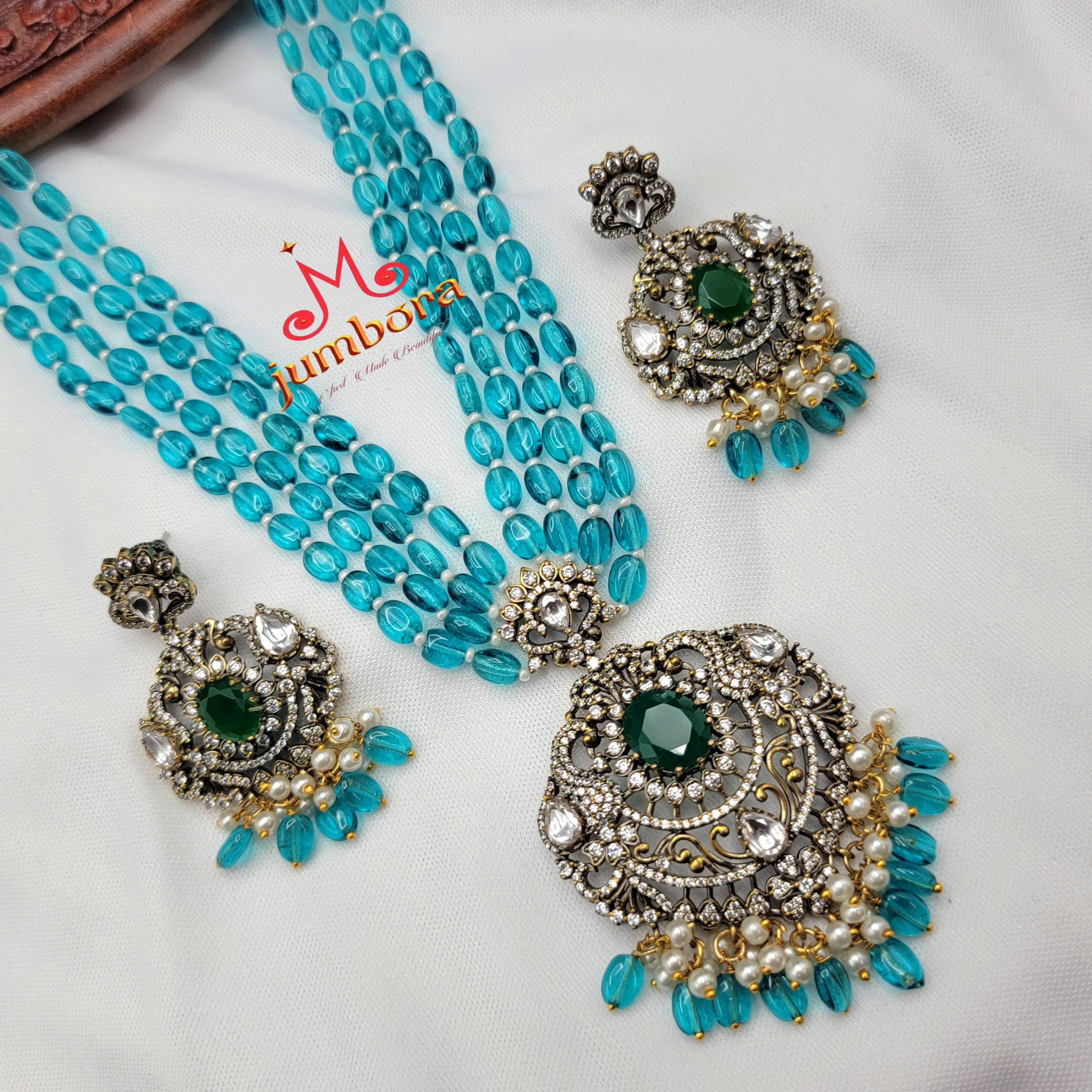 Long AD Zircon Victorian Pendant with Cyan Blue Monalisa Beads Necklace Set
