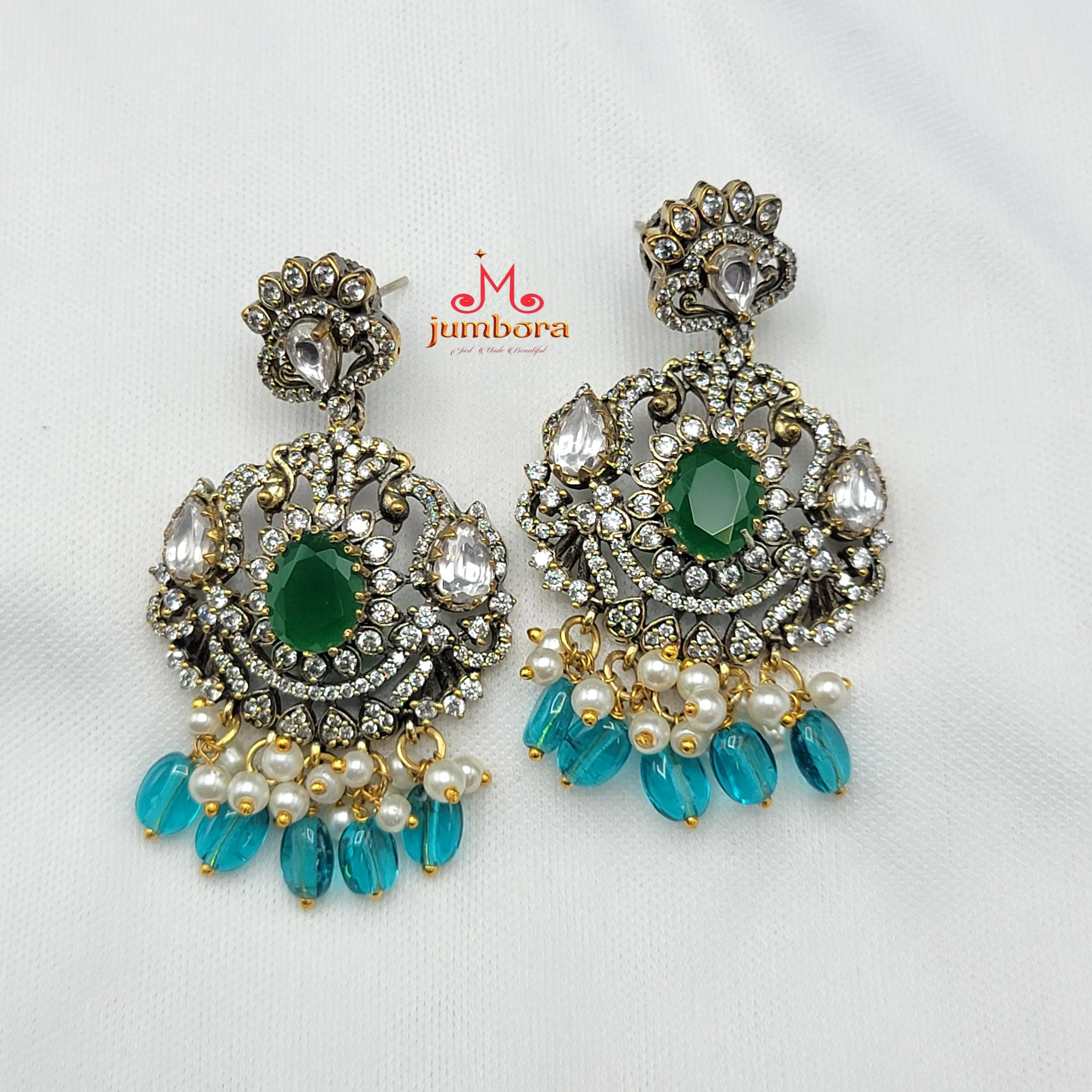 Long AD Zircon Victorian Pendant with Cyan Blue Monalisa Beads Necklace Set