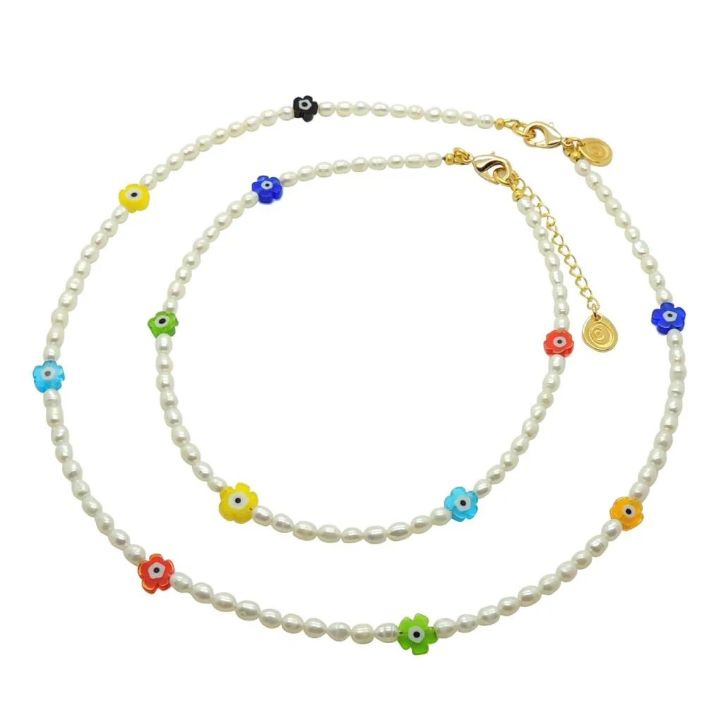 Multicolour Evil Eye Flower Charm Freshwater Pearl Choker