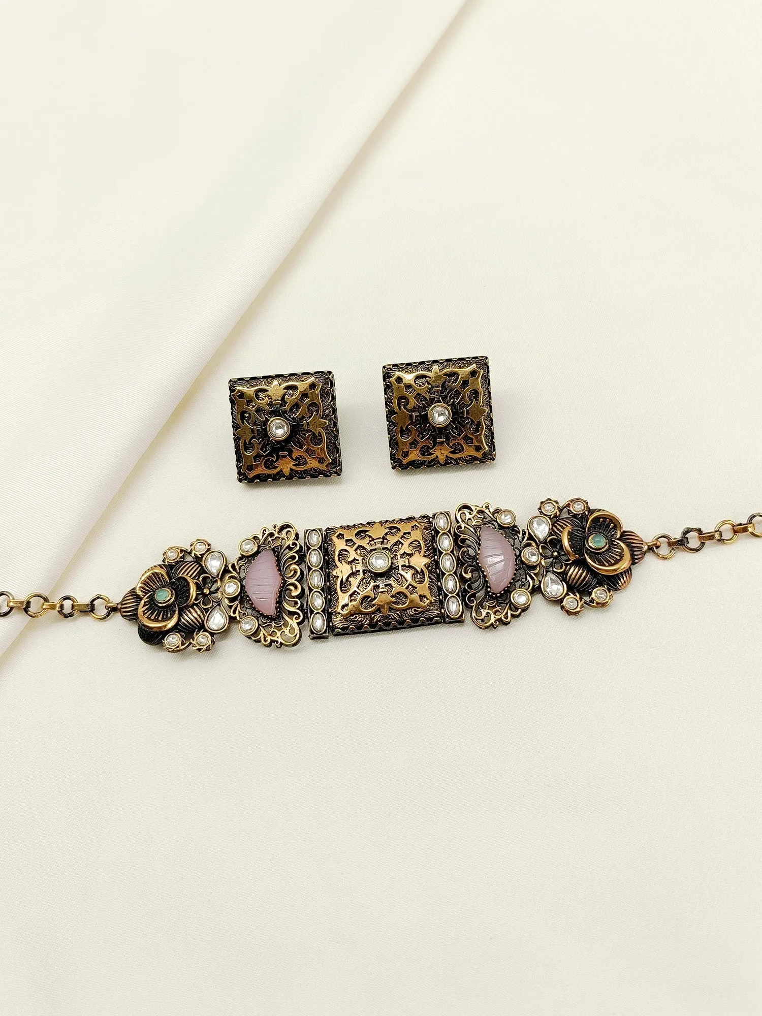 Neeshad Baby Pink Oxidized Choker Set