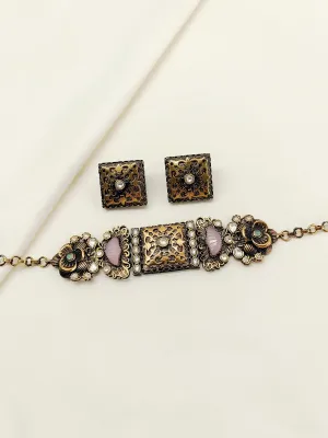 Neeshad Baby Pink Oxidized Choker Set