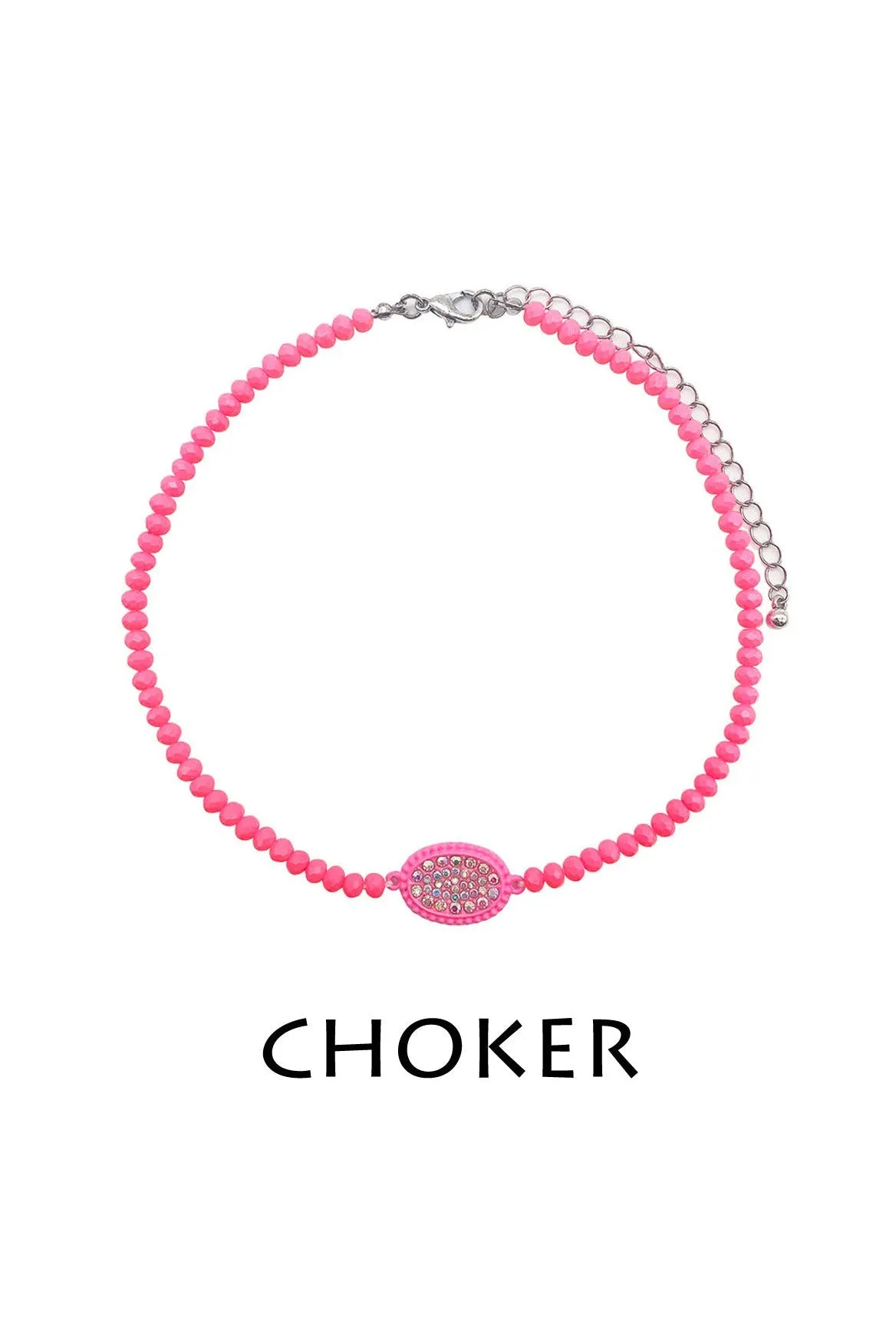 Neon Pink Horizontal Oval Pendant With Rhinestones Glass Bead Choker Necklace