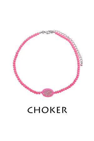 Neon Pink Horizontal Oval Pendant With Rhinestones Glass Bead Choker Necklace