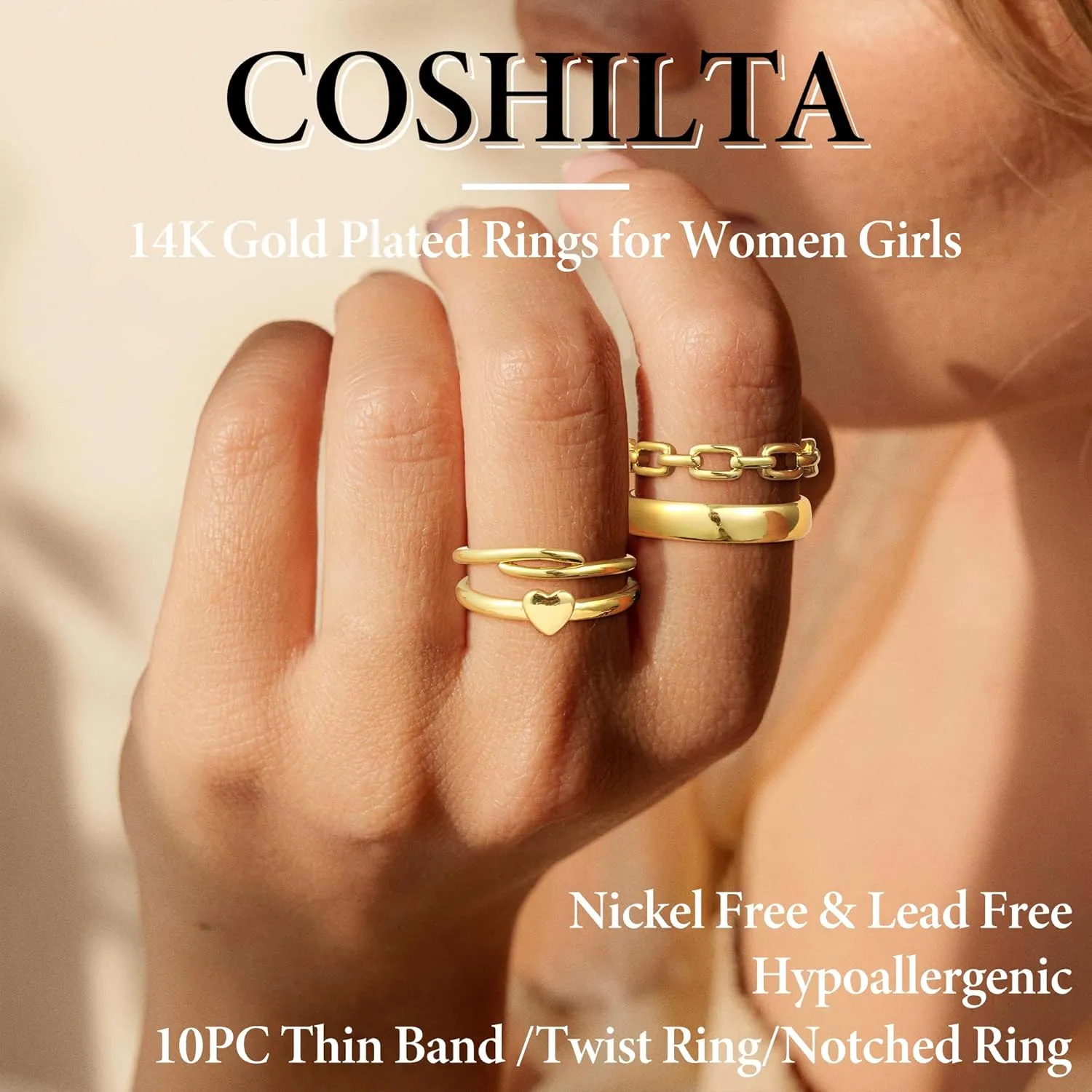 Rings for Women - Comfort Fit with Gold Rings Set - Elegant 14k Gold Plated Dainty Stacking Cubic Zirconia Thumb Rings Set Jewelry Size 6-10