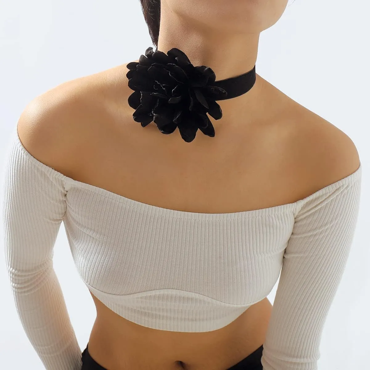 Rose Black Velvet Floral Choker Necklace - Camellia Daisy Rosette - Spring Summer Flower Jewelry