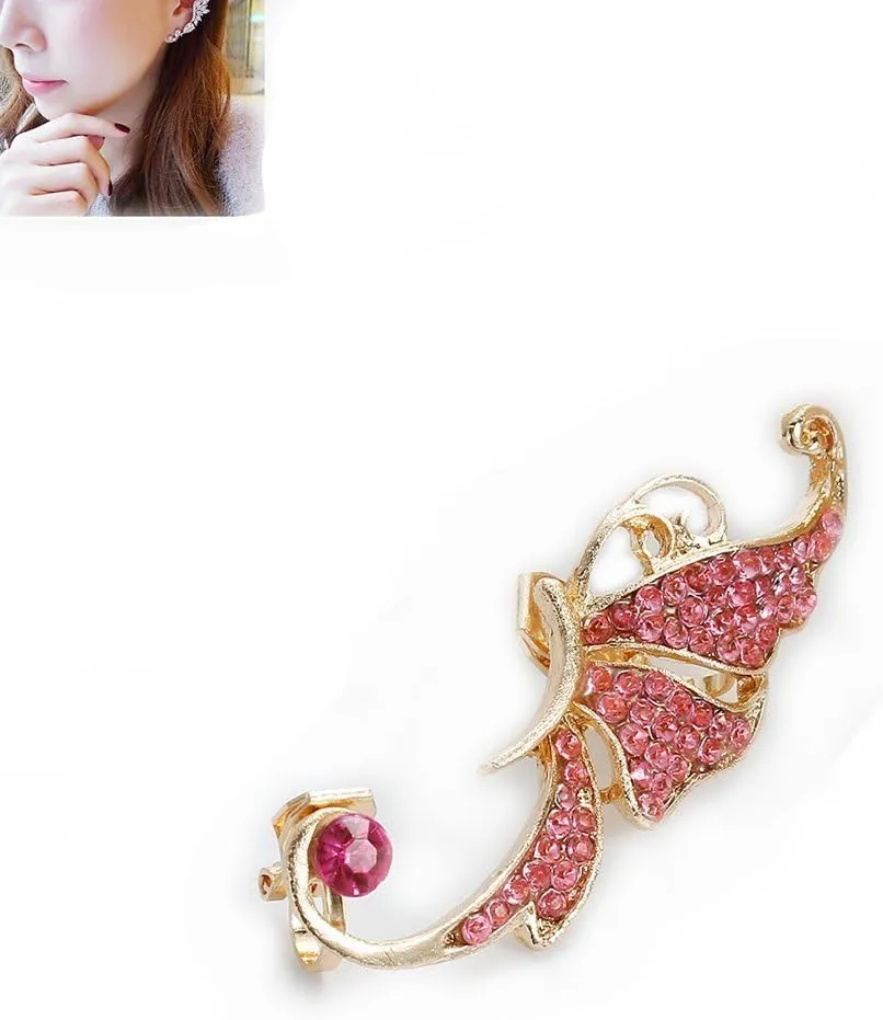 Sexy Sparkles Ear Cuff Clip On Stud Wrap Earrings For Left Ear Butterfly W/Fuchsia Rhinestone