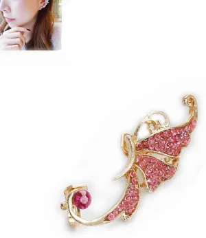 Sexy Sparkles Ear Cuff Clip On Stud Wrap Earrings For Left Ear Butterfly W/Fuchsia Rhinestone
