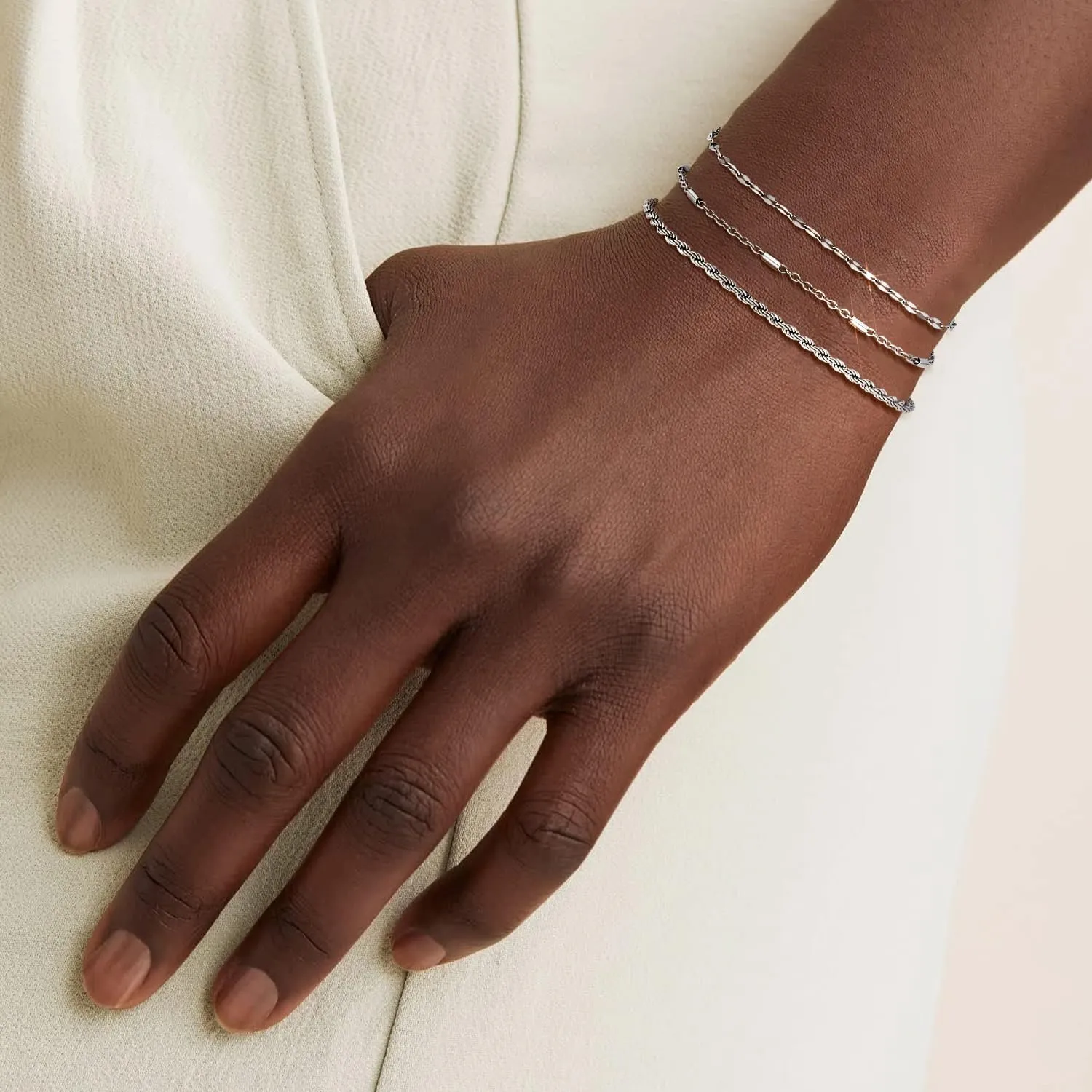 Silver Chain Bracelet for Men Women,6 Pcs Stainless Steel Bracelet for Men Metal Bracelets Set 6.0''6.8''7.5" 8.0" 8.5" Men Silver Jewelry Gifts for Women Men