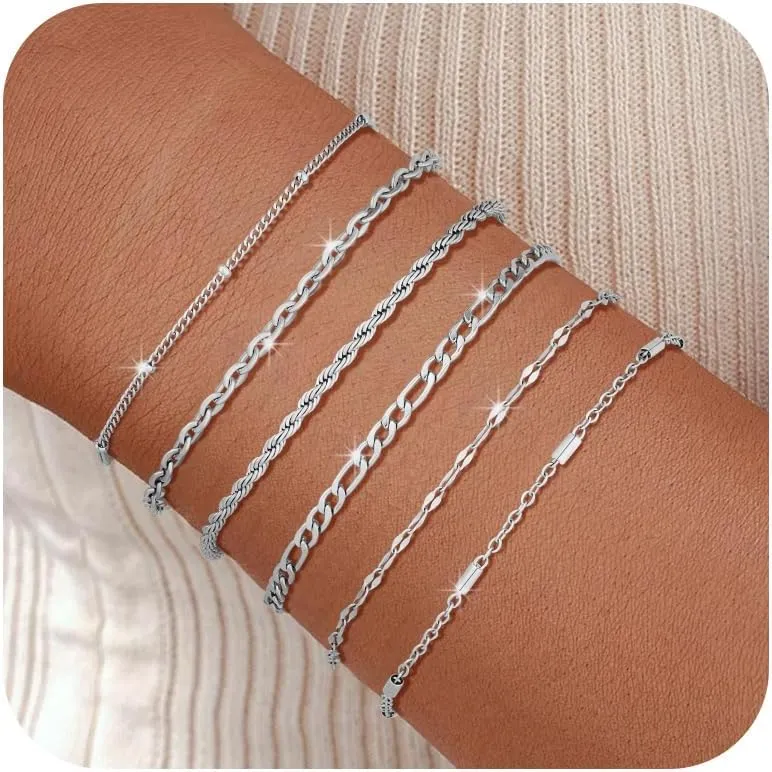 Silver Chain Bracelet for Men Women,6 Pcs Stainless Steel Bracelet for Men Metal Bracelets Set 6.0''6.8''7.5" 8.0" 8.5" Men Silver Jewelry Gifts for Women Men