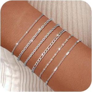 Silver Chain Bracelet for Men Women,6 Pcs Stainless Steel Bracelet for Men Metal Bracelets Set 6.0''6.8''7.5" 8.0" 8.5" Men Silver Jewelry Gifts for Women Men