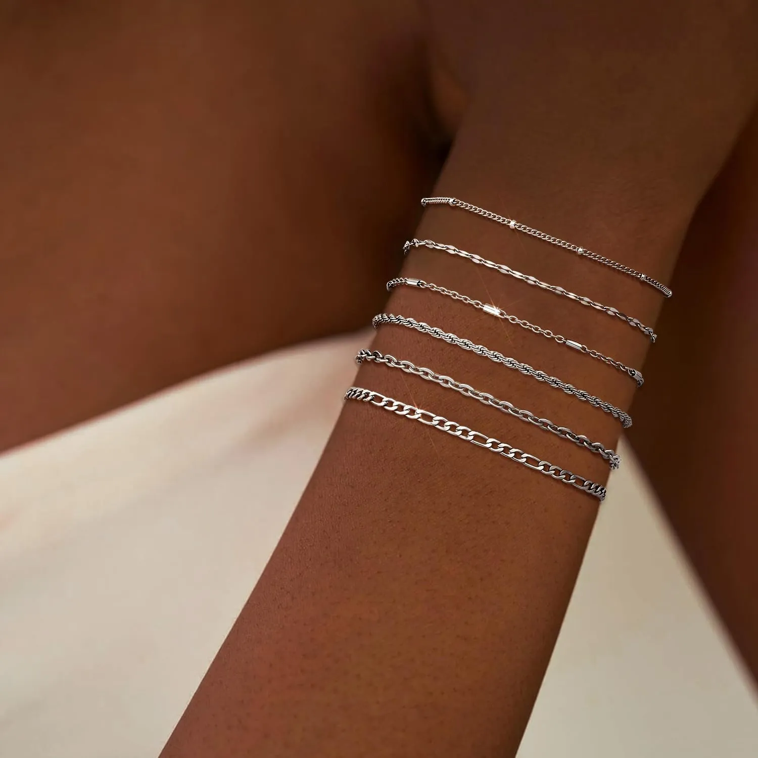 Silver Chain Bracelet for Men Women,6 Pcs Stainless Steel Bracelet for Men Metal Bracelets Set 6.0''6.8''7.5" 8.0" 8.5" Men Silver Jewelry Gifts for Women Men