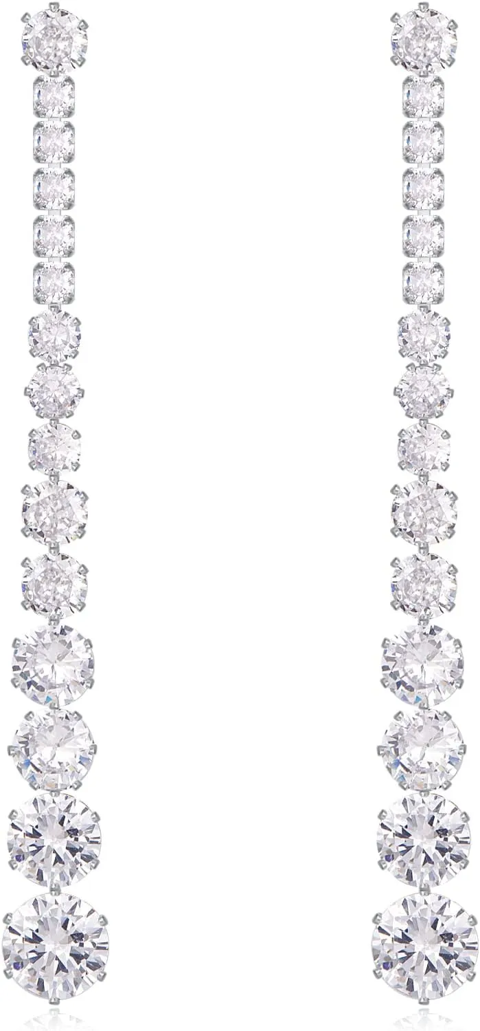 Silver Long Crystal Line Teardrop Earrings Rhinestone Statement Chain Dangle Earrings for Women Bridal Wedding Party