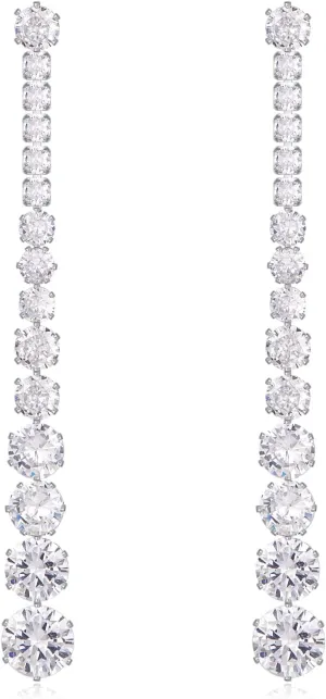 Silver Long Crystal Line Teardrop Earrings Rhinestone Statement Chain Dangle Earrings for Women Bridal Wedding Party