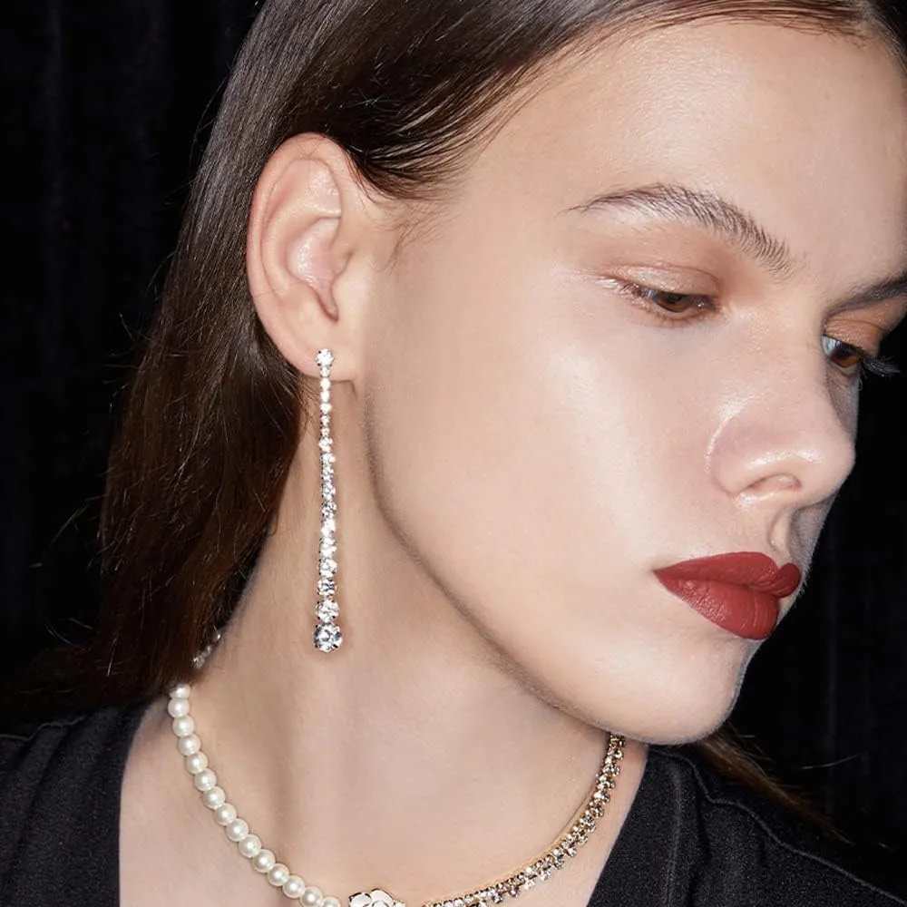 Silver Long Crystal Line Teardrop Earrings Rhinestone Statement Chain Dangle Earrings for Women Bridal Wedding Party