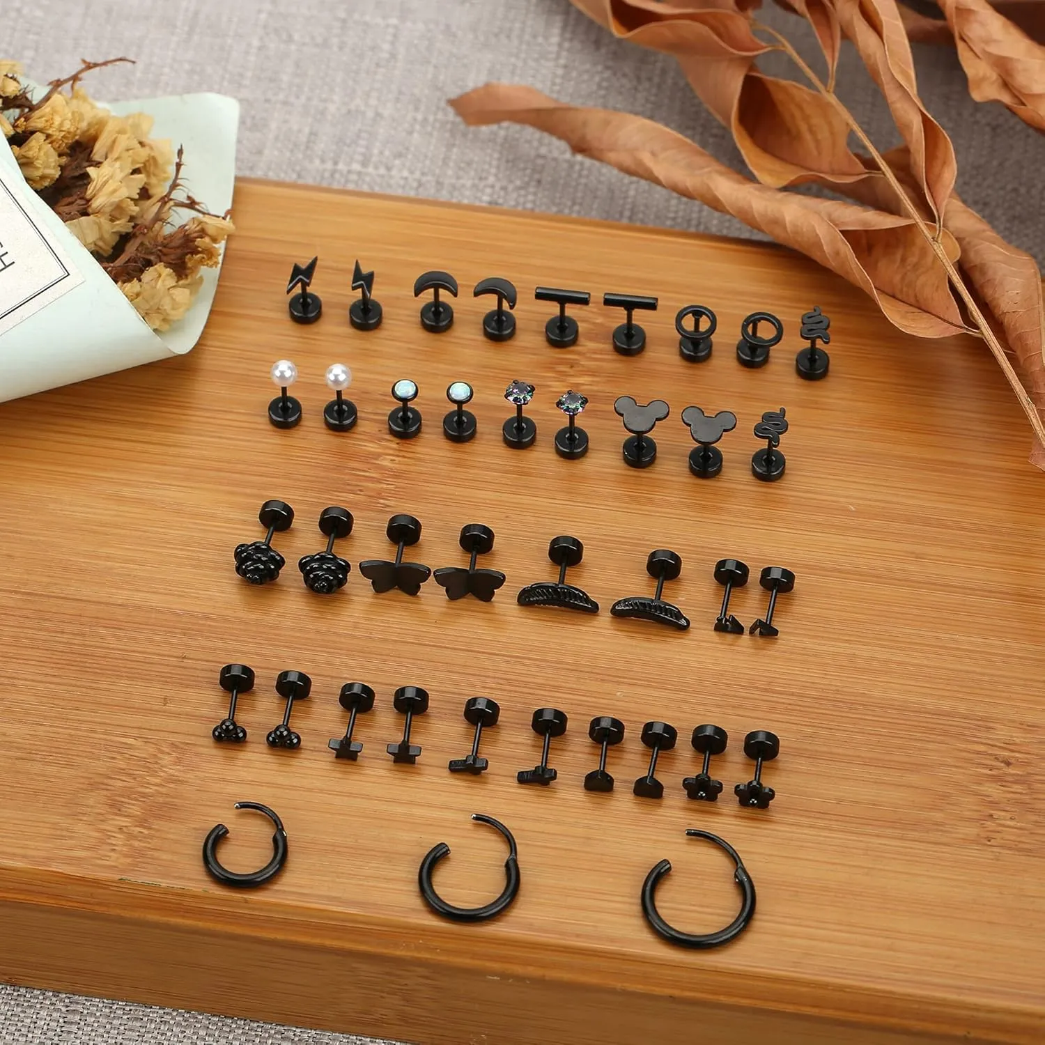 Staligue 21 Pairs Stainless Steel Earrings Set for Women Men Hypoallergenic 20G Flat Back Studs Earrings and Hoop Earrings Set Star Moon flower Snake Leaf Cartilage Piercing Earrings Jewelry Gifts