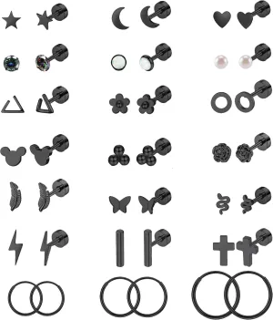 Staligue 21 Pairs Stainless Steel Earrings Set for Women Men Hypoallergenic 20G Flat Back Studs Earrings and Hoop Earrings Set Star Moon flower Snake Leaf Cartilage Piercing Earrings Jewelry Gifts