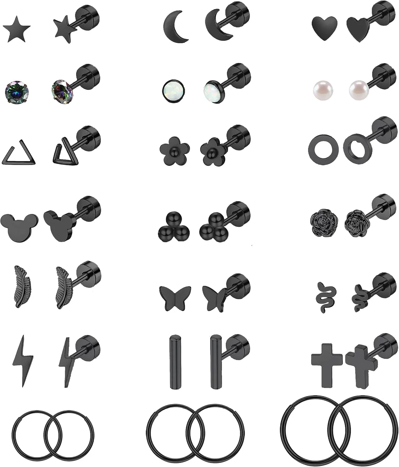 Staligue 21 Pairs Stainless Steel Earrings Set for Women Men Hypoallergenic 20G Flat Back Studs Earrings and Hoop Earrings Set Star Moon flower Snake Leaf Cartilage Piercing Earrings Jewelry Gifts