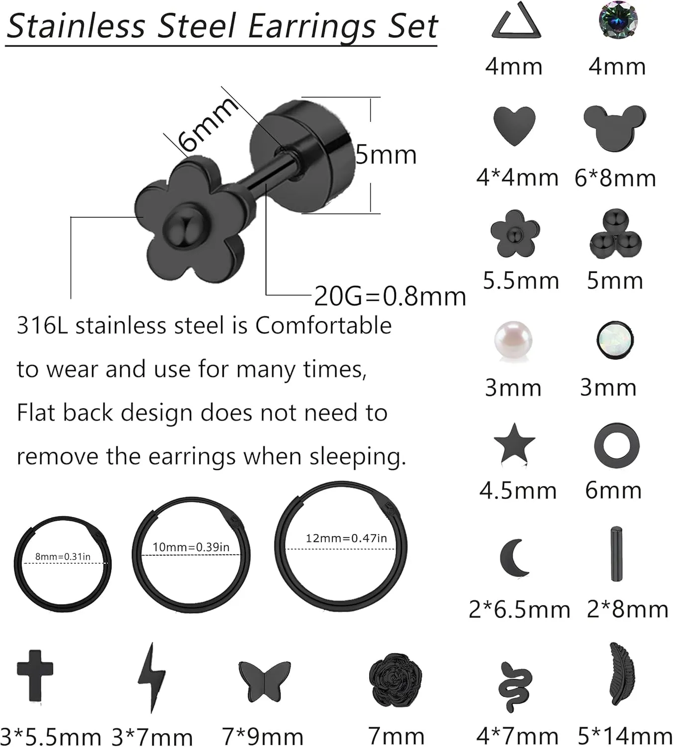 Staligue 21 Pairs Stainless Steel Earrings Set for Women Men Hypoallergenic 20G Flat Back Studs Earrings and Hoop Earrings Set Star Moon flower Snake Leaf Cartilage Piercing Earrings Jewelry Gifts