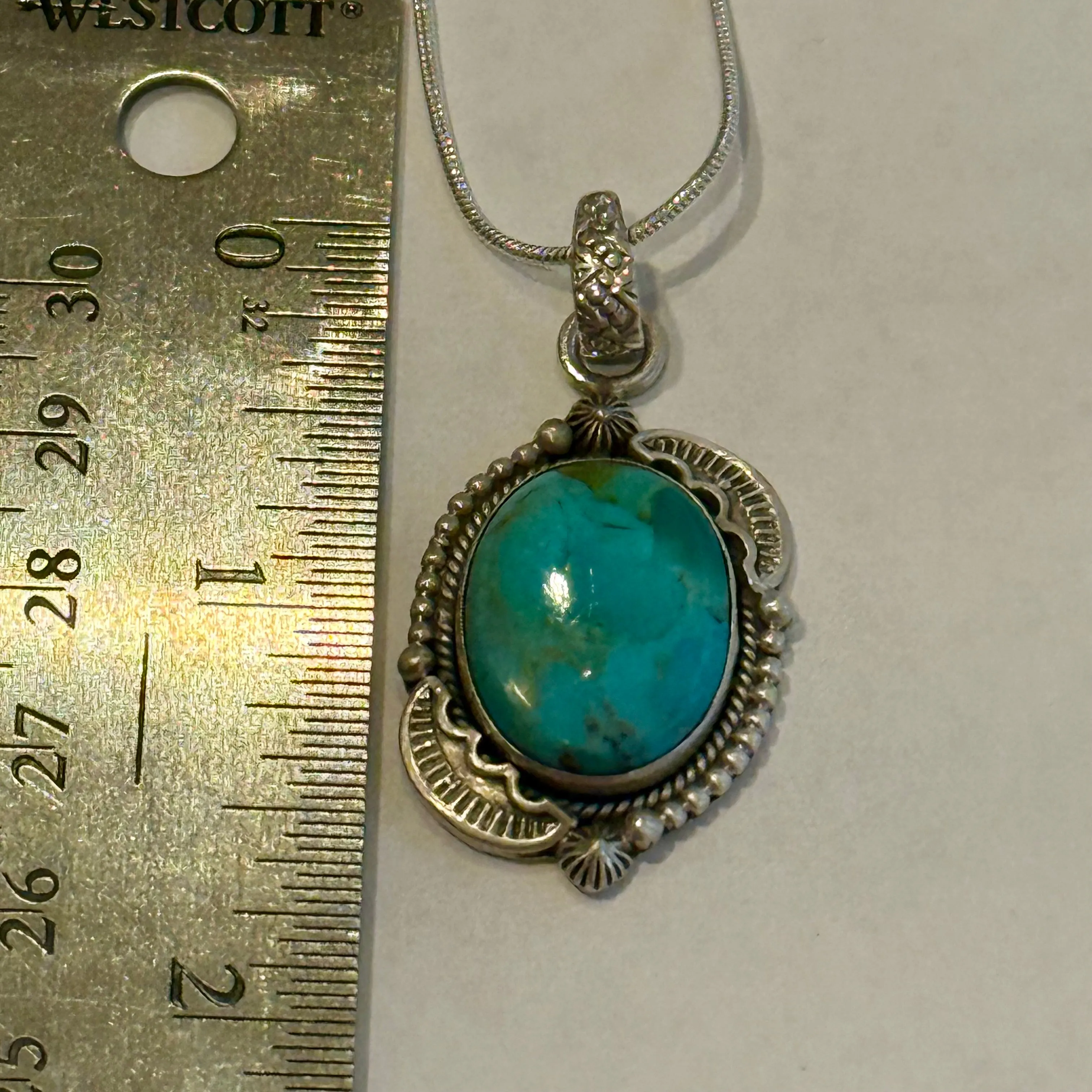 Turquoise Pendant Necklace Southwest Artisan Made Oval Framed Sterling Silver