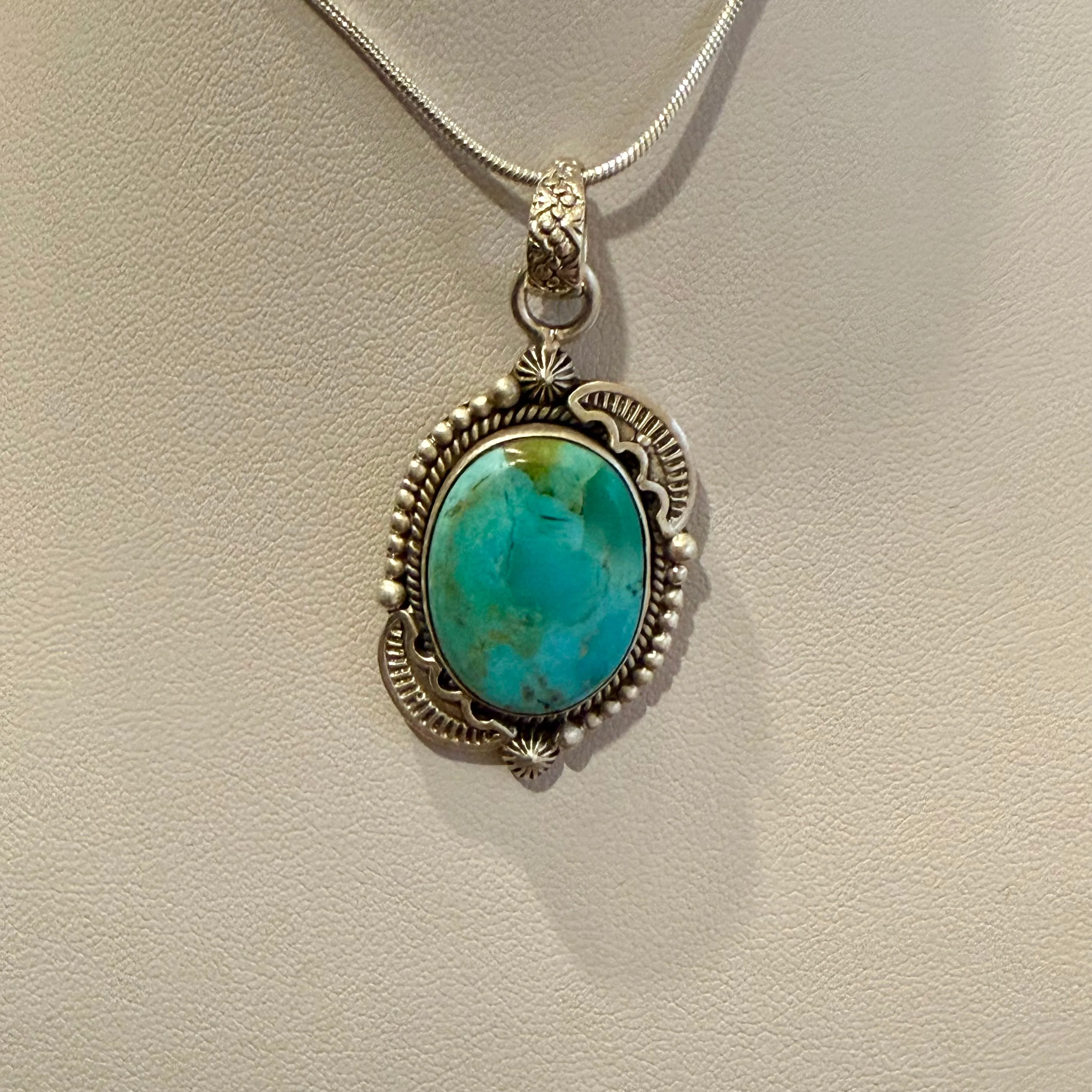 Turquoise Pendant Necklace Southwest Artisan Made Oval Framed Sterling Silver