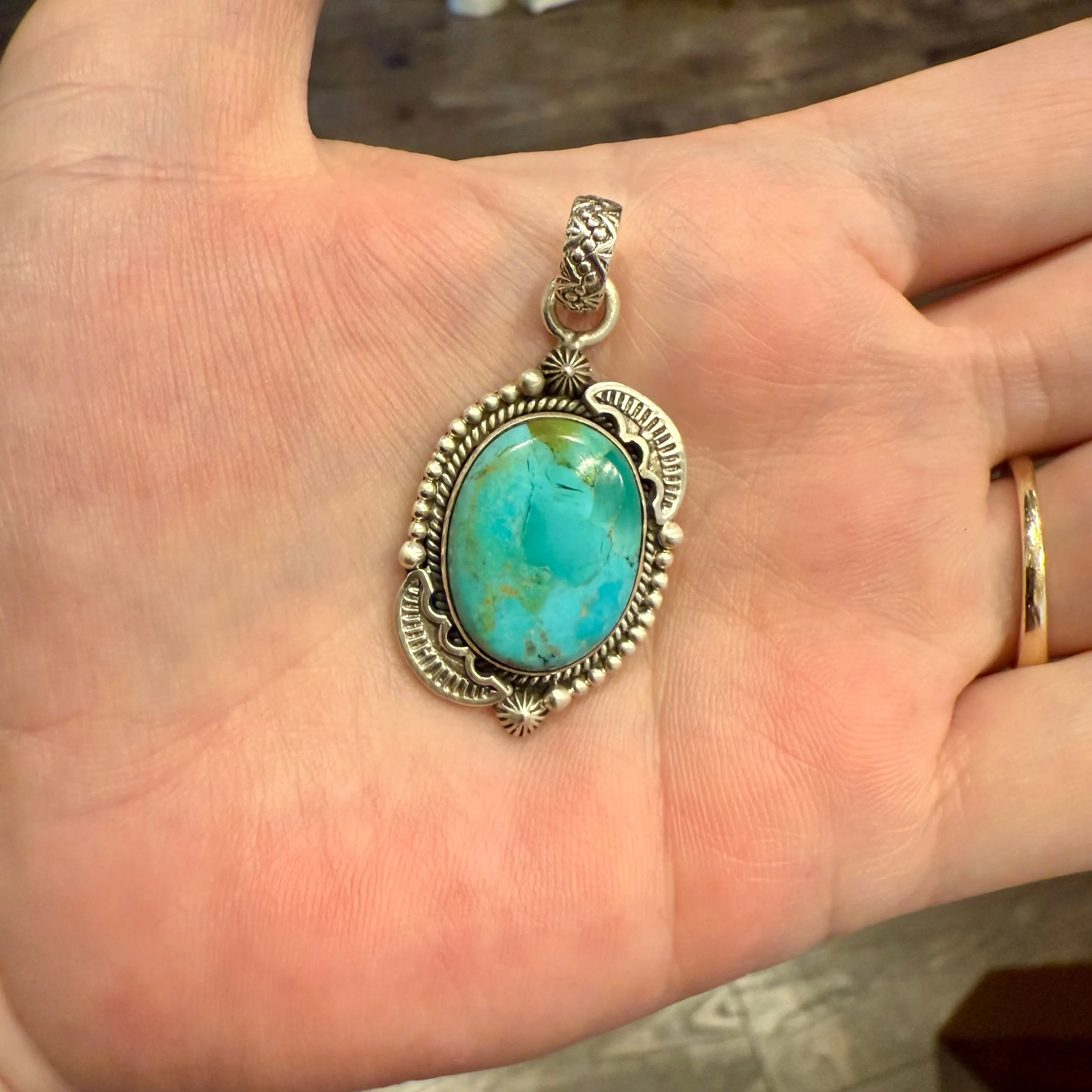 Turquoise Pendant Necklace Southwest Artisan Made Oval Framed Sterling Silver