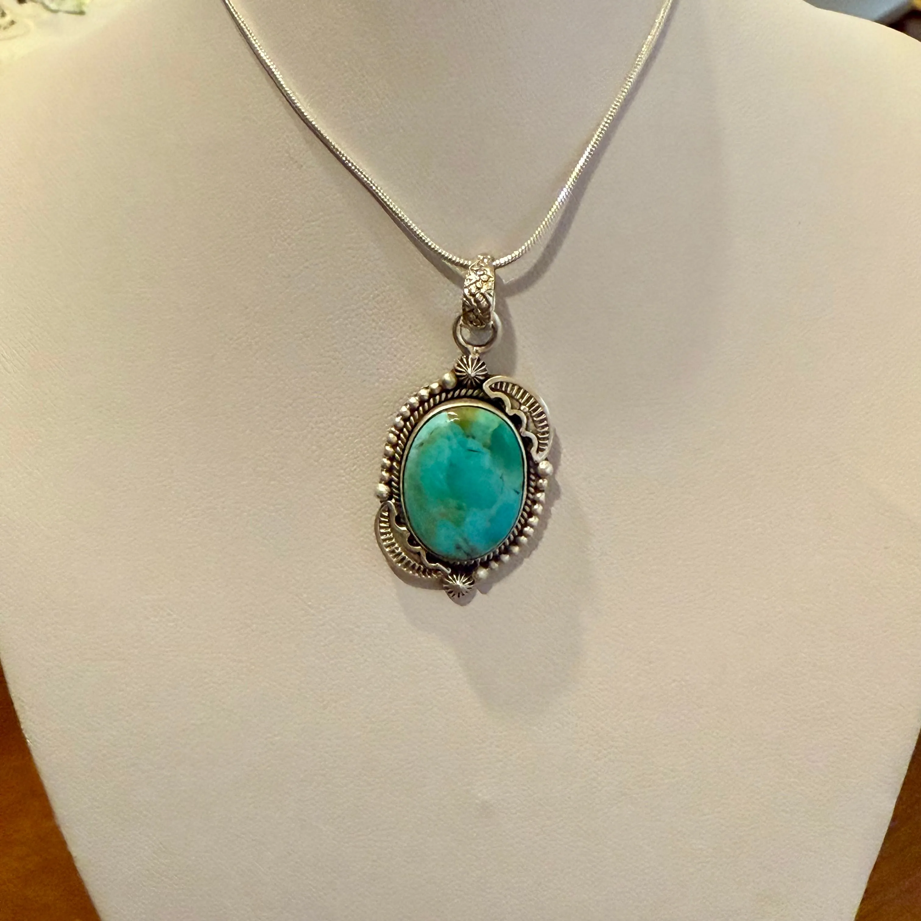 Turquoise Pendant Necklace Southwest Artisan Made Oval Framed Sterling Silver