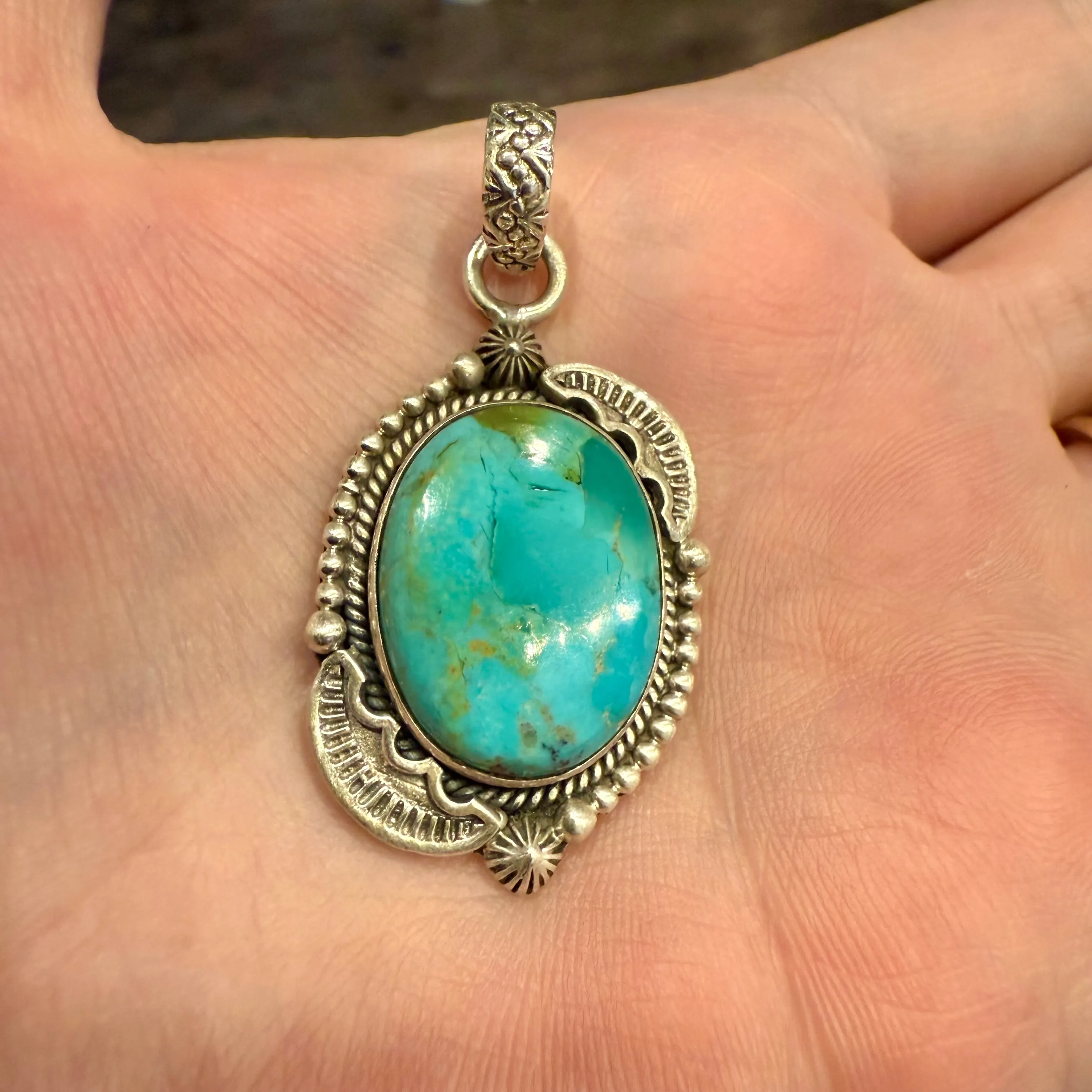 Turquoise Pendant Necklace Southwest Artisan Made Oval Framed Sterling Silver