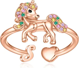 Unicorn Initial Rings for Teen Girls, Rose Gold/White Gold Plated Heart Initial Rings for Girls Adjustable Stackable Rings for Women Diny Heart Ring for Teen Girls Gifts Unicorns Gifts for Girls