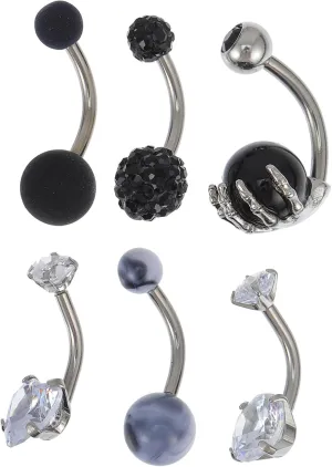 VALICLUD Diamond Belly Button Ring Set 6 Pcs Navel in Stainless Steel for Safe Piercings - Sparkle