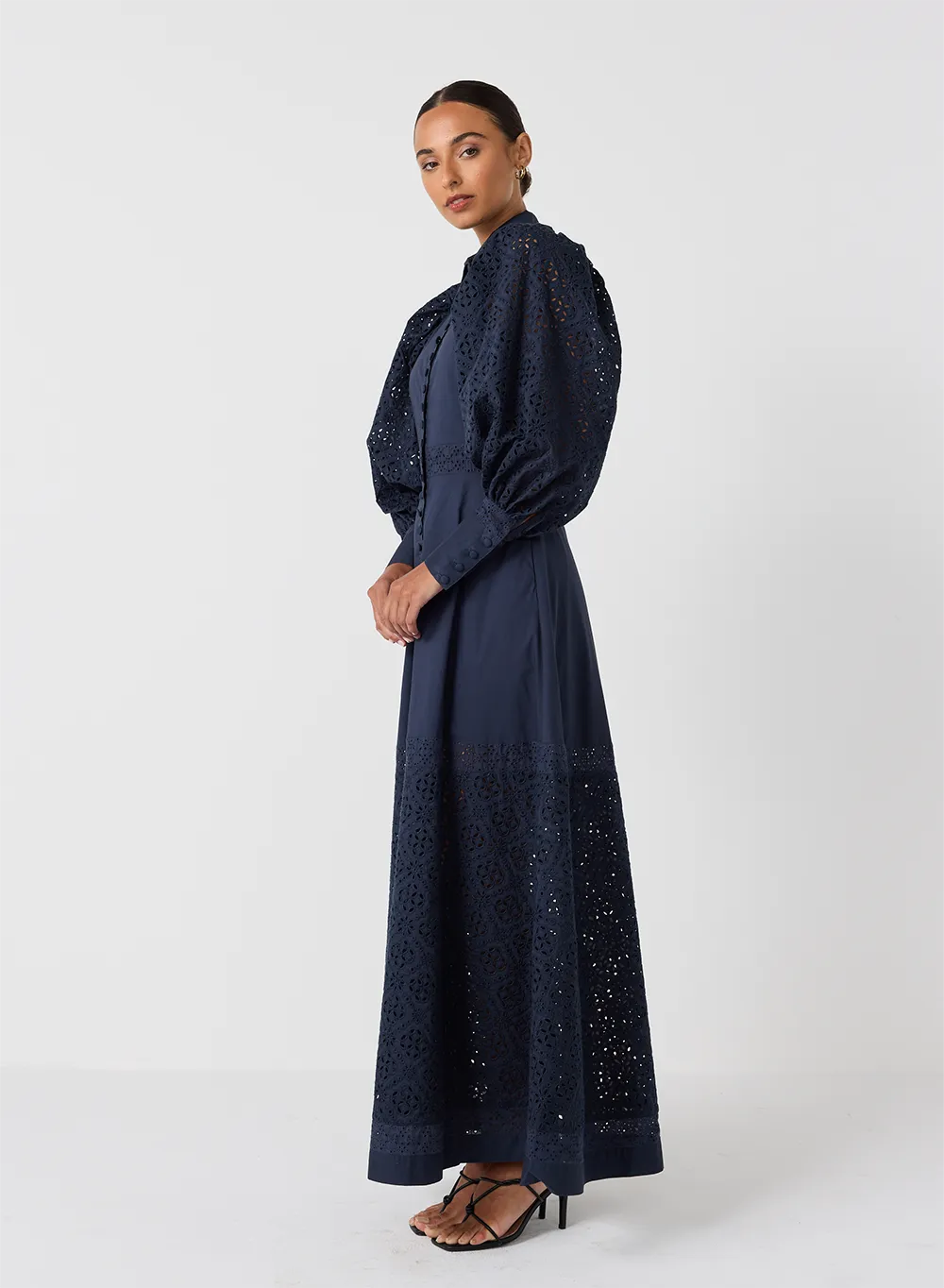Vivie Organic Cotton Broderie Maxi Shirt Dress