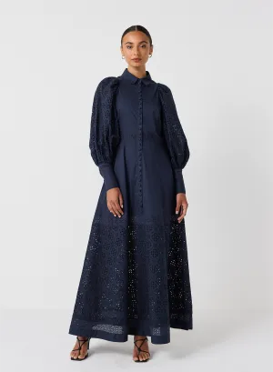 Vivie Organic Cotton Broderie Maxi Shirt Dress