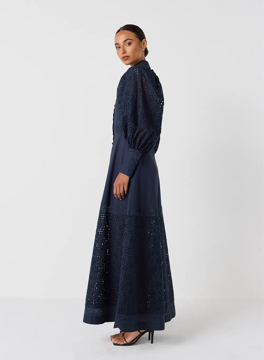Vivie Organic Cotton Broderie Maxi Shirt Dress