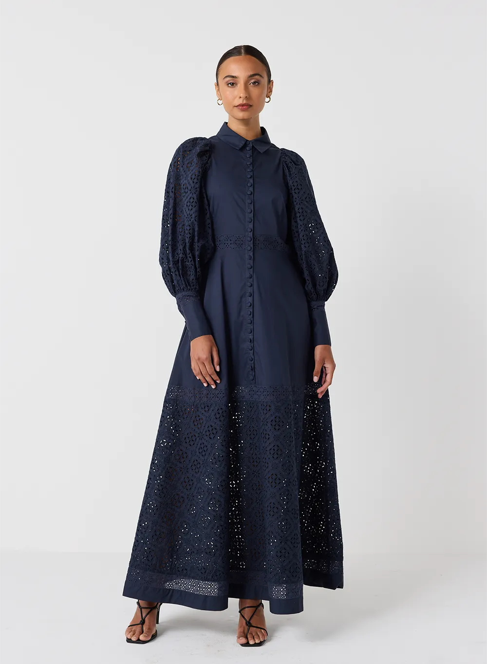 Vivie Organic Cotton Broderie Maxi Shirt Dress